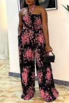 Black Casual Basis Not Positioning Printed Printing Halter Straight Jumpsuits