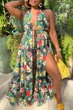 Golden Yellow Sexy Print Bandage Backless Slit Halter Sleeveless Two Pieces