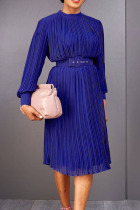 Blue Casual Solid Patchwork Fold With Belt O Neck Straight Dresses