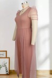 Light Pink Casual Solid Patchwork V Neck Plus Size Jumpsuits