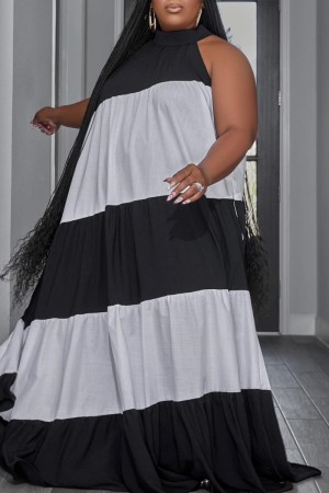 Black Gray Casual Patchwork Contrast Turtleneck Plus Size  Sleeveless Dress