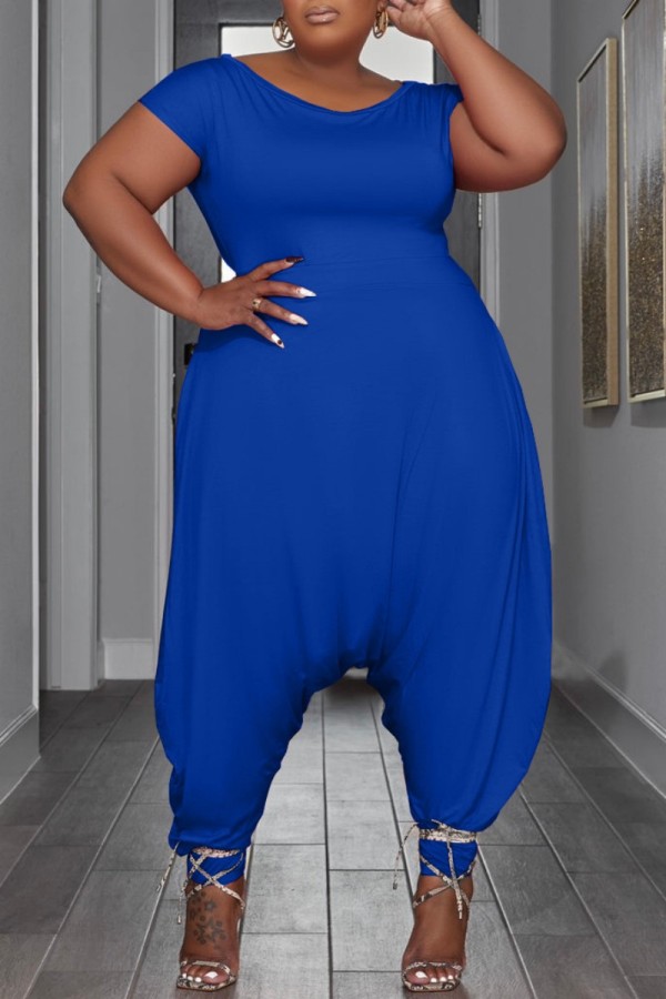 Blue Casual Solid Basic O Neck Plus Size Jumpsuits