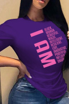 Purple Casual Print Patchwork O Neck T-Shirts