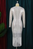 Silver Casual Formal Patchwork Tassel Sequins V Neck Long Sleeve Plus Size Dresses
