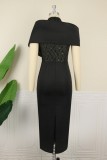 Black Sexy Formal Solid Hollowed Out Patchwork Half A Turtleneck Evening Dress Plus Size Dresses