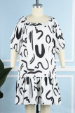 White Casual Print Patchwork Square Collar A Line Plus Size Dresses