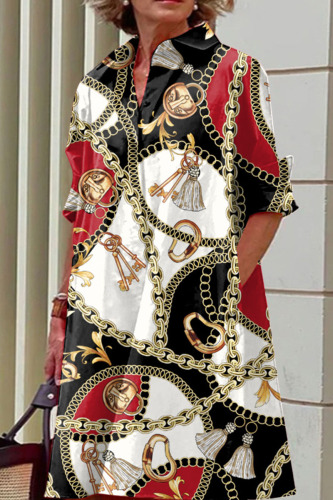 Black Red Casual Print Patchwork Buckle Turndown Collar Dresses