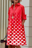 Dark Red Casual Print Polka Dot Patchwork Buckle Turndown Collar Shirt Dress Dresses