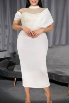 White Sexy Formal Solid Hollowed Out Patchwork Half A Turtleneck Evening Dress Plus Size Dresses