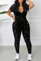 Black Sexy Casual Solid Ripped Hollowed Out Zipper Collar Skinny Jumpsuits