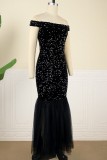 Black Sexy Formal Patchwork Sequins Backless Off the Shoulder Evening Dress Plus Size Dresses