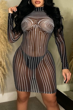 Black Sexy Print See-through Turtleneck Long Sleeve Dresses