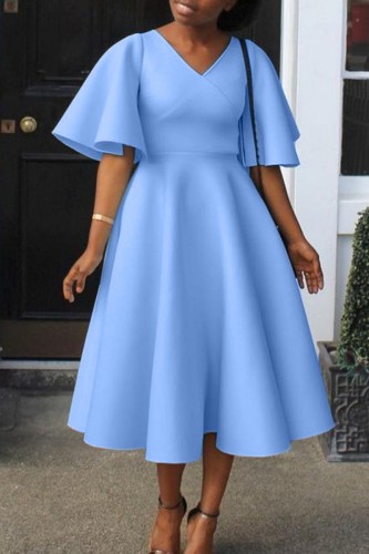 Sky Blue Casual Solid Patchwork V Neck Short Sleeve Dress Dresses
