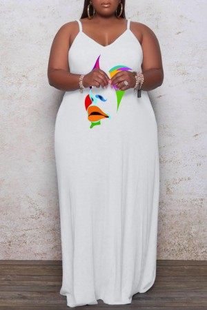 White Sexy Casual Print Backless Spaghetti Strap Long Dress Plus Size Dresses