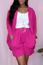 Rose Red Casual Solid Cardigan Long Sleeve Two Pieces
