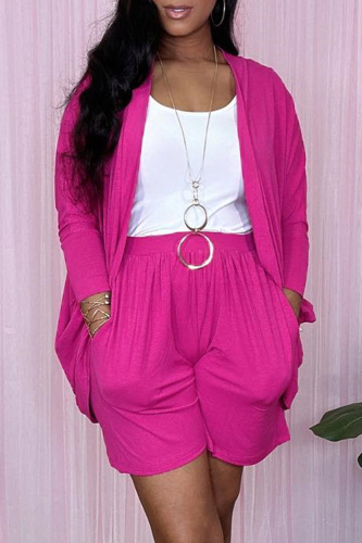 Rose Red Casual Solid Cardigan Long Sleeve Two Pieces