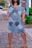 Blue Gray Casual Print Patchwork Pocket V Neck Short Sleeve Dress
