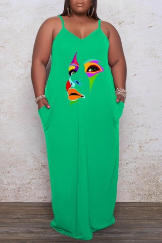 Green Sexy Casual Print Backless Spaghetti Strap Long Dress Plus Size Dresses