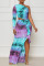 Light Blue Sexy Print Hollowed Out Patchwork Slit Oblique Collar Straight Dresses