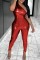 Red Casual Solid Backless Oblique Collar Skinny Jumpsuits
