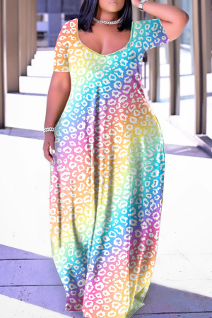Blue Yellow Casual Print Basic V Neck Short Sleeve Dress Dresses