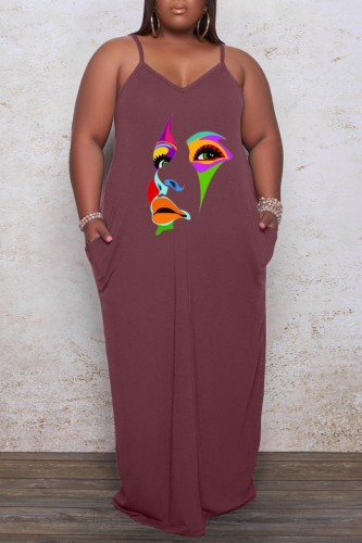 Brown Sexy Casual Print Backless Spaghetti Strap Long Dress Plus Size Dresses