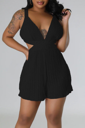 Black Sexy Solid Hollowed Out Patchwork V Neck Straight Jumpsuits