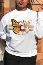 White Street Print Butterfly Print Patchwork O Neck Tops