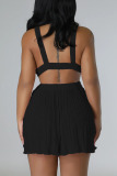 Black Sexy Solid Hollowed Out Patchwork V Neck Straight Jumpsuits