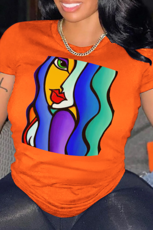 Orange Street Print Patchwork O Neck T-Shirts