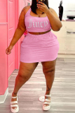 Pink Sexy Casual Letter Hot Drilling Basic U Neck Plus Size Two Pieces