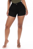 Black Casual Solid Patchwork High Waist Regular Denim Shorts