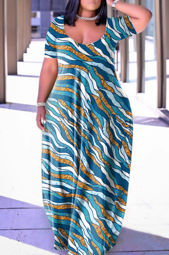 Blue Casual Print Basic V Neck Short Sleeve Dress Dresses