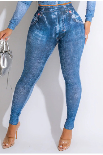Blue Sexy Print Patchwork High Waist Pencil Positioning Print Bottoms