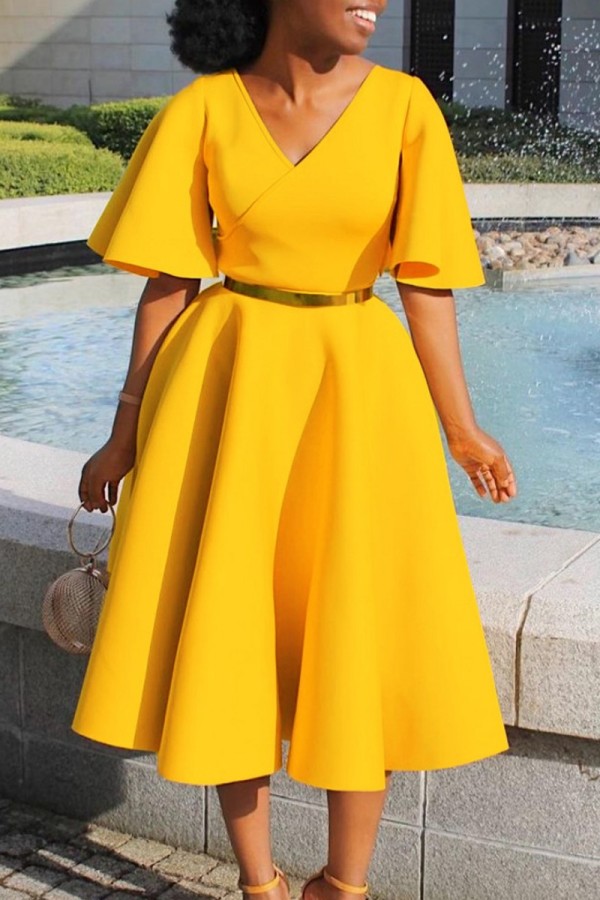 Casual Solid Patchwork V Neck Short Sleeve Dress Dresses(5 Colors)