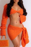 Orange Sexy Solid Bandage V Neck Long Sleeve Two Pieces