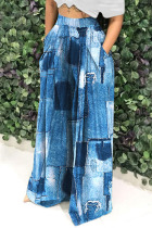 Blue Casual Print Patchwork High Waist Wide Leg Full Print Bottoms