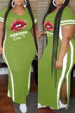 Fluorescent Green Fashion Casual Plus Size Lips Printed Patchwork Slit O Neck Short Sleeve Dress
