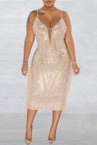 Apricot Sexy Patchwork Hot Drilling Backless Spaghetti Strap Sleeveless Dress Dresses