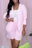Deep Pink Casual Solid Cardigan Long Sleeve Two Pieces