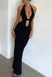 Black Sexy Solid Bandage Hollowed Out Backless Halter Long Dress Dresses
