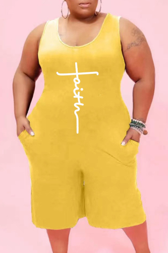 Yellow Fashion Casual Print Basic O Neck Plus Size Jumpsuits