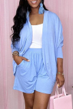Blue Casual Solid Cardigan Long Sleeve Two Pieces