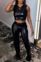 Black Casual Solid Vests Pants O Neck Sleeveless Two Pieces
