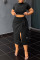 Black Casual Solid Bandage Patchwork Slit O Neck Short Sleeve Two Pieces