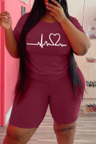Burgundy Fashion Casual Print Basic O Neck Plus Size Two Pieces