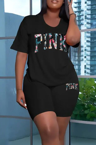 Black Casual Print Patchwork O Neck Short Sleeve Two Pieces
