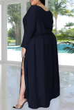 Dark Blue Fashion Casual Solid Slit O Neck Plus Size Two Pieces