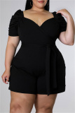 Orange Fashion Casual Solid Hollowed Out V Neck Plus Size Romper