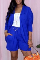 Blue Casual Solid Cardigan Long Sleeve Two Pieces